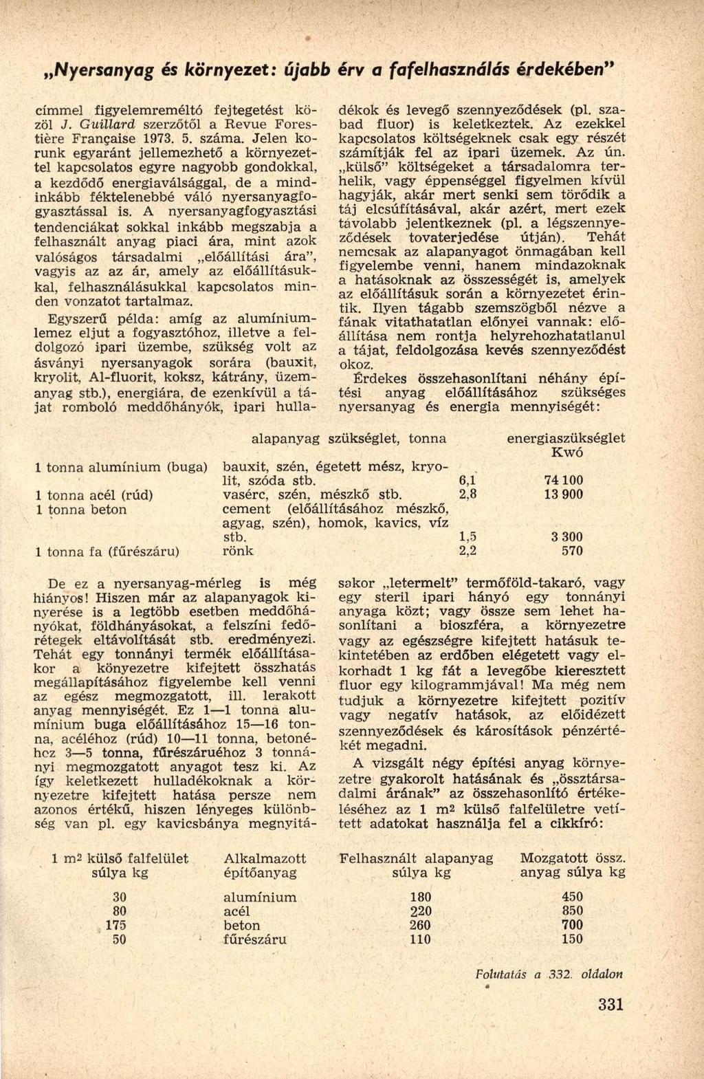 Nyersanyag és környezet: újabb érv a fafelhasználás érdekében" címmel figyelemreméltó fejtegetést közöl J. Guillard szerzőtől a Revue Forestiére Francaise 1973. 5. száma.