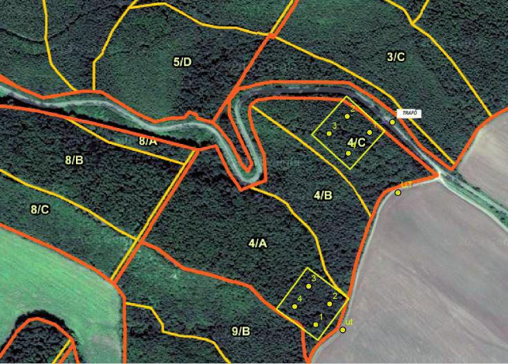 Natura 2000 erdők természetvédelmi helyzetének monitorozása 33 1. ábra. Két mintavételi terület és a részminták elhelyezkedése a Penc 4/A és 4/C részletekben, NÉBIH Erdőtérképen feltüntetve.