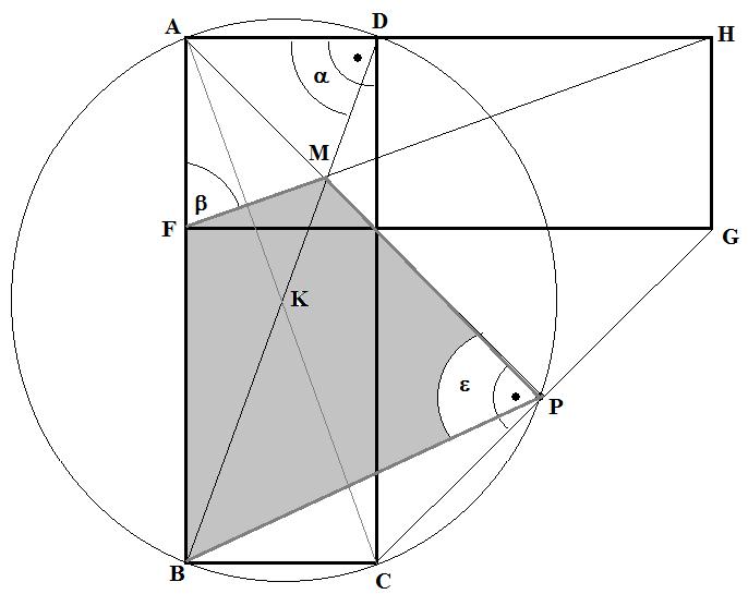 015. évi Bolyai János Megyei Matematikaverseny Egy helyes ábra: Mivel a két téglalap szimmetrikus az A-nál levő derékszög szögfelezőjére,