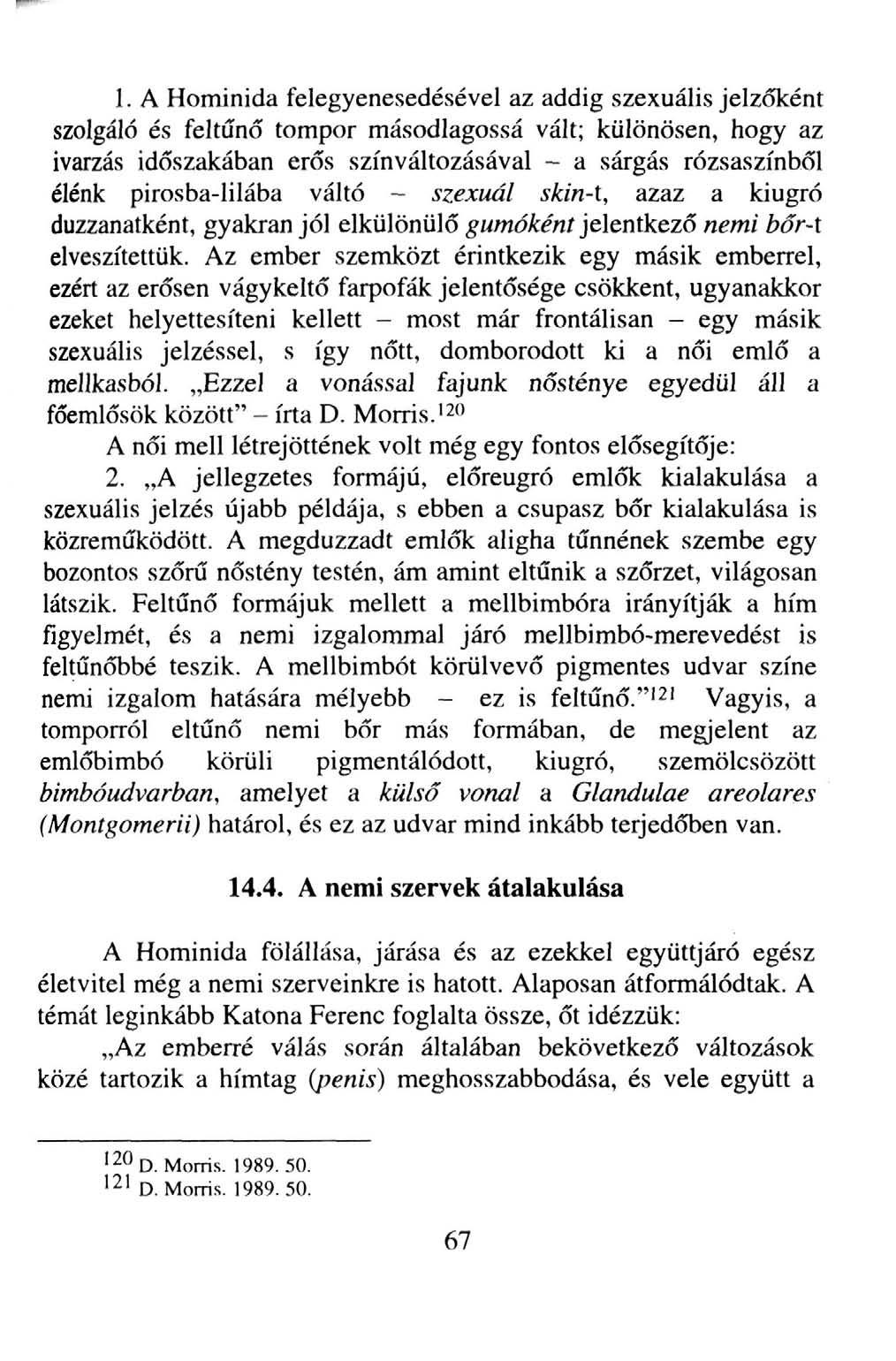 1. A Hominida felegyenesedésével az addig szexuális jelzőként szolgáló és feltűnő tompor másodlagossá vált; különösen, hogy az ivarzás időszakában erős színváltozásával - a sárgás rózsaszínből élénk