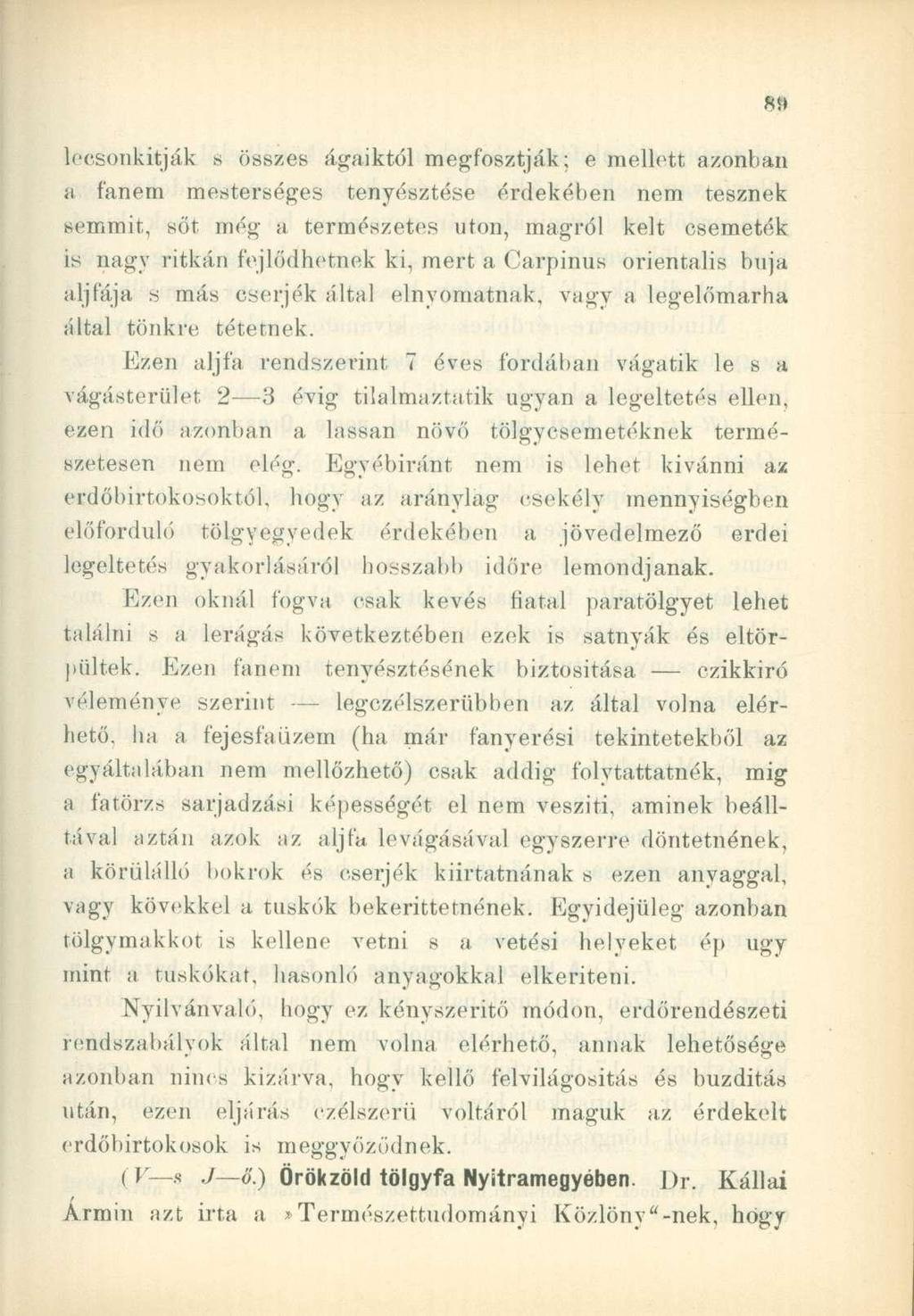 lecsonkitják 8 összes ágaiktól megfosztják; e mellett azonban a fanem mesterséges tenyésztése érdekében nem tesznek semmit, sőt még a természetes uton, magról kelt csemeték is nagy ritkán