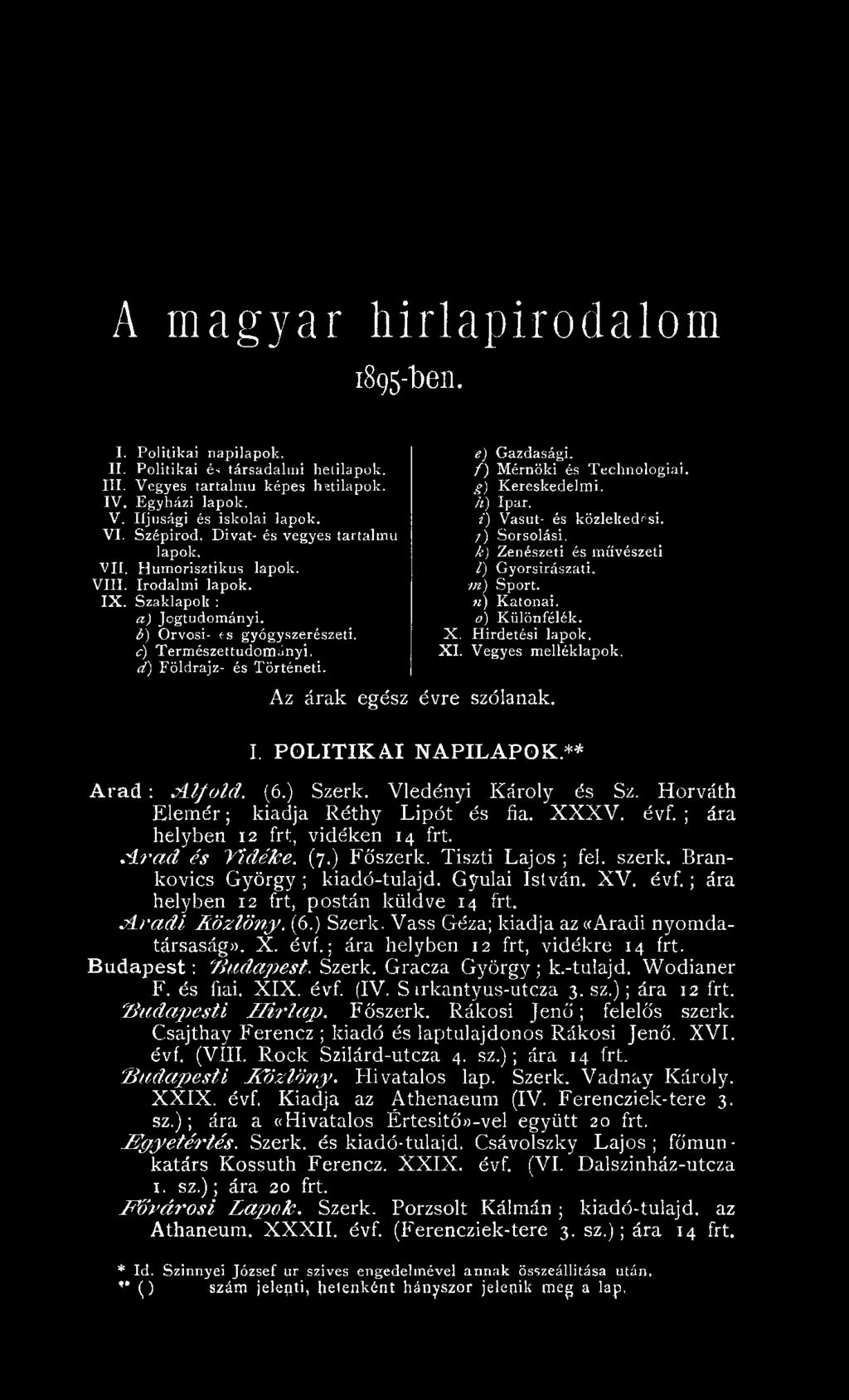 ) Szerk. V led én yi K áro ly és Sz. H orváth E le m é r ; kiadja R éth y L ip ó t és fia. X X X V. évf. ; ára helyben 12 frt, vidéken 14 frt..'í r a d és V id é k e. (7.) F őszerk.