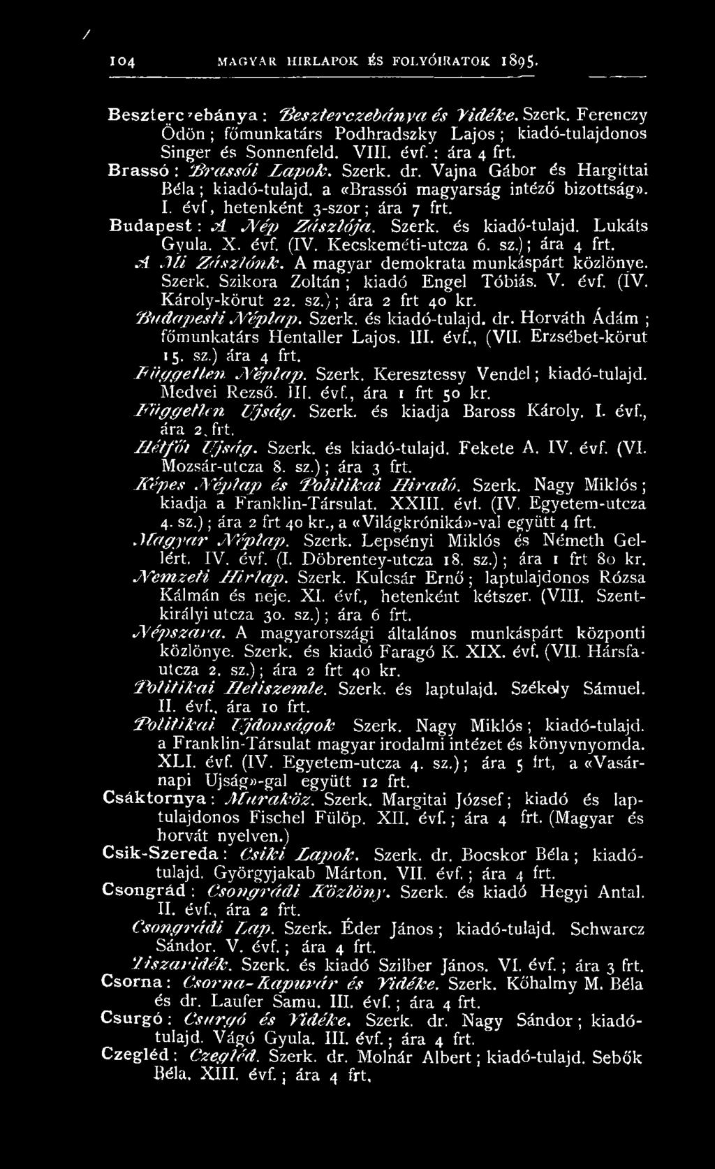 V ajn a Gábor és H argittai B é la ; kiadó-tulajd. a ((Brassói m agyarság intéző bizottság)). I. é v f, hetenként 3 -szo r; ára 7 frt. B u d a p e s t : A N é p Z á s z ló ja. Szerk. és kiadó-tulajd.