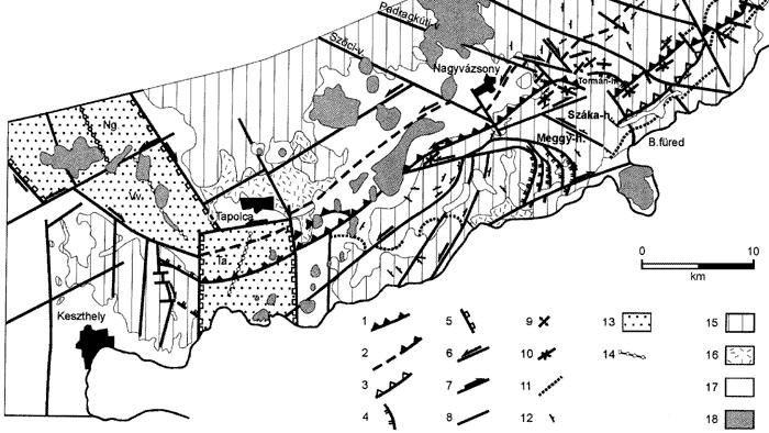 normál vető; 6. balos eltolódás; 7. jobbos eltolódás; 8. törés általában; 9. antiklinális; 10. szinklinális; 11. Csopaki Márga F. és Aszófői Dolomit F. határa; 12.