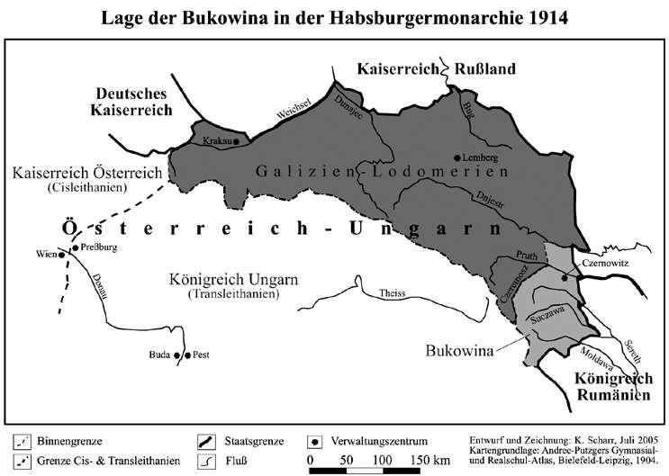 Bukovina elhelyezkedése a Habsburg Birodalomban 1914-ben 145 Bukovina földrajzi elhelyezkedéséből adódóan az első világháború eseményei intenzíven érintették az itt élőket, 1914 és 1917 között orosz
