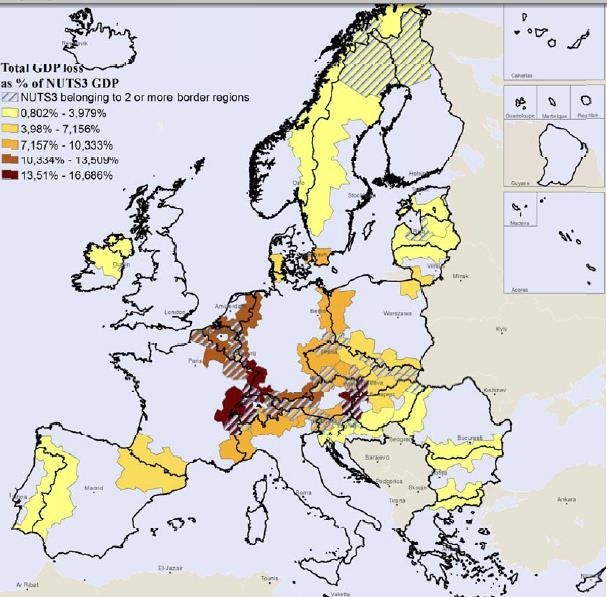 Becsült GDP veszteség az EU határrégiókban NUTS3 szinten a