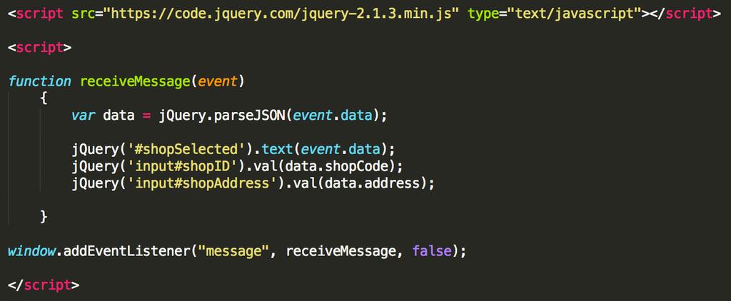 Az esemény figyelő javascript kódja: function receivemessage(event){ data = event.data; }; window.