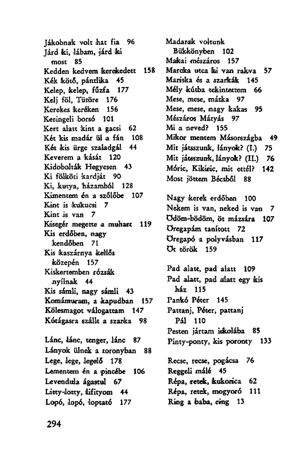 Jákobnak volt ihat fia 96 Járd ki, libám, járd Ifci most 85 Kedden kedvem kerekedett 158 Kék kötő, pántlika 45 Kelep, kelep, fűzfa 177 Kelj föl, Tütöre 176 Kerekes keréken 156 Keringeli borsó 101