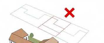 A kialakult helyzethez igazodva javasolt az előkert nélküli épület-elhelyezés.