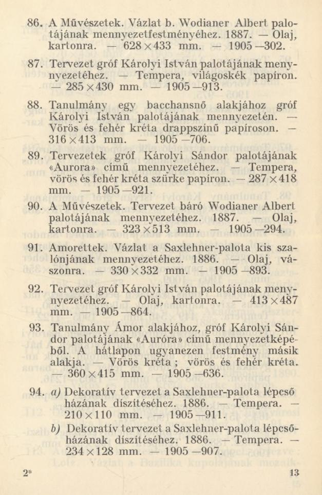 86. A Művészetek. Vázlat b. Wodianer Albert palotájának mennyezetfestményéhez. 1887. Olaj, kartonra. 628x433 mm. 1905 302. 87. Tervezet gróf Károlyi István palotájának menynyezetéhez.