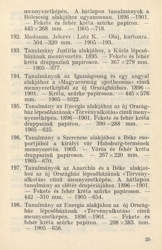 mennyezetképén. A hátlapon tanulmányok a Bölcseség alakjához ugyanonnan. 1896 1901. Fekete és fehér kréta szürke papíron. 443x268 mm. 1905 718. 192. Madonna. Jelezve : Lotz K. Olaj, kartonra.