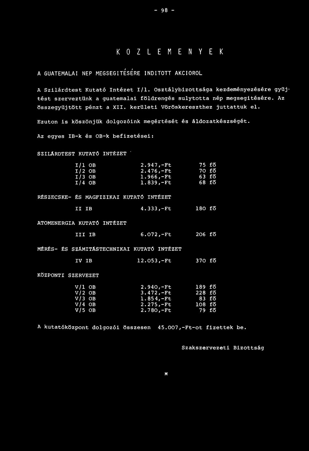 Ezúton is köszönjük dolgozóink megértését és áldozatkészségét. Az egyes IB-k és OB-k befizetései: SZILÁRDTEST KUTATÓ INTÉZET ' 1/1 OB 2.947,-Ft 75 fő 1/2 OB 2.476,-Ft 70 fő 1/3 OB 1.