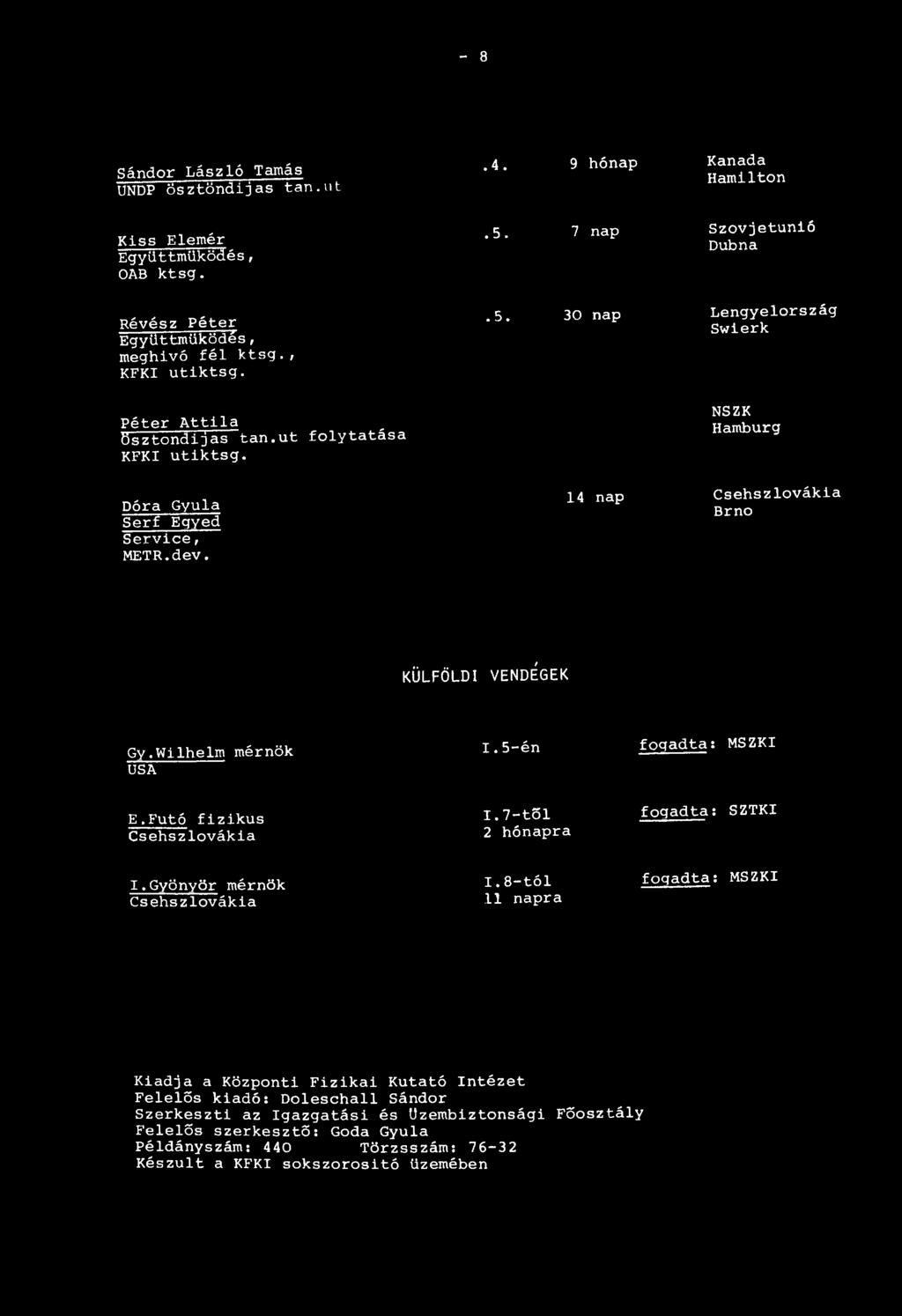 Wilhelm mérnök USA I.5-én fogadta: MSZKI E.Futó fizikus Csehszlovákia I.7-töl 2 hónapra fogadta: SZTKI I.Gyönyör mérnök Csehszlovákia I.