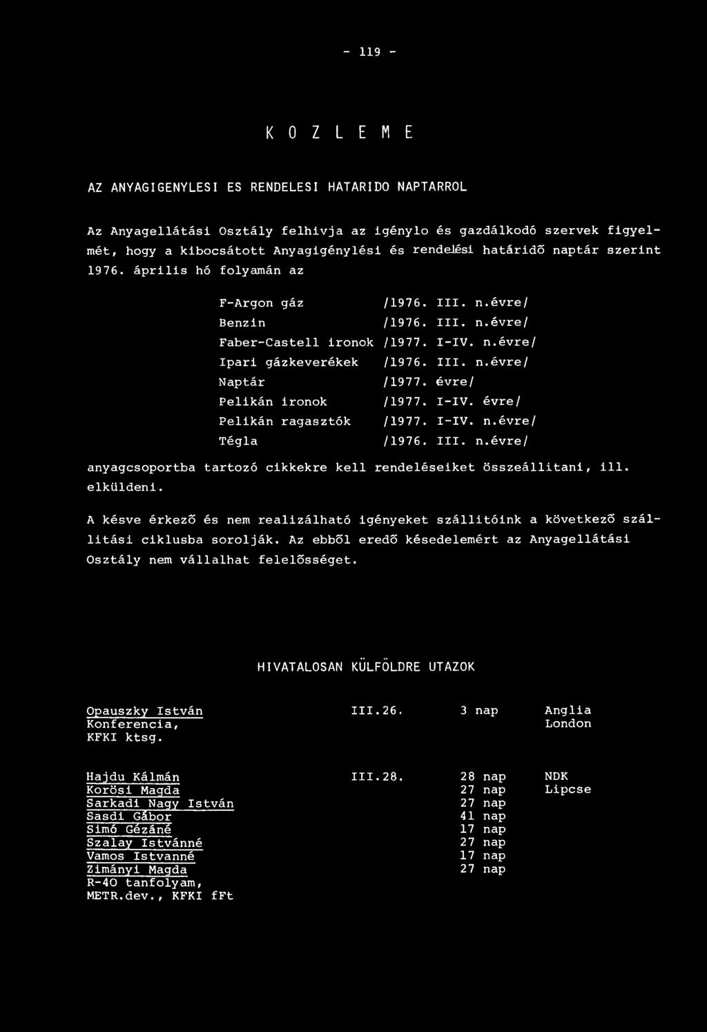 évre/ Pelikán ironok /1977. I-IV. évre/ Pelikán ragasztók /1977. I-IV. n.évre/ Tégla /1976. III. n.évre/ anyagcsoportba tartozó cikkekre kell rendeléseiket összeállítani, ill. elküldeni.