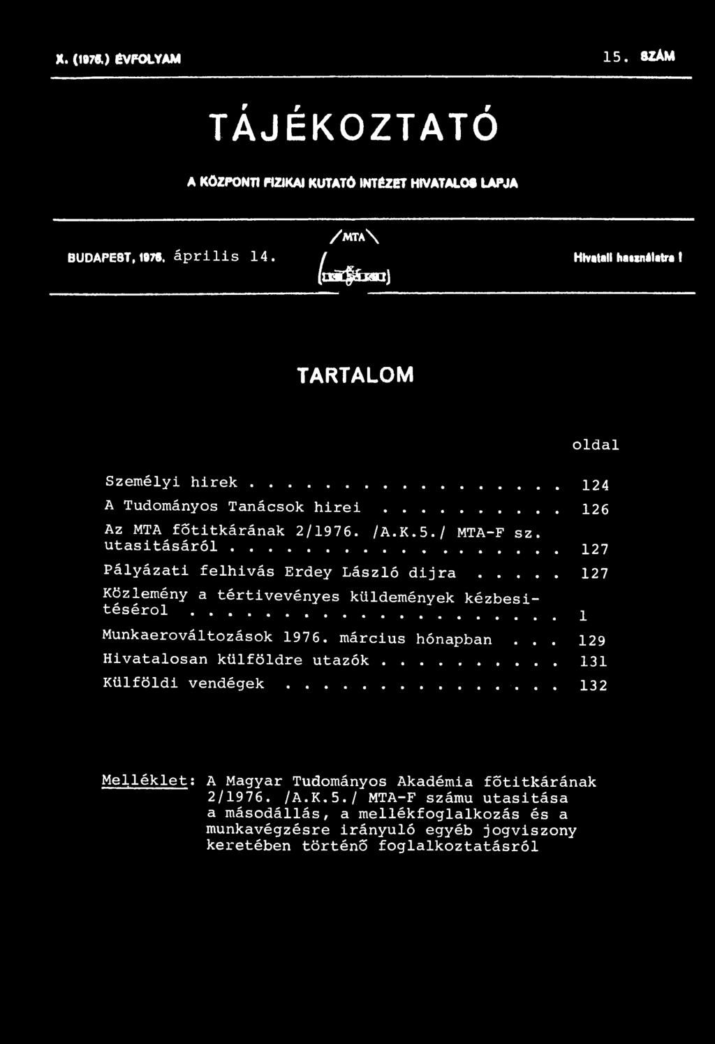 .. 127 Pályázati felhivás Erdey László dijra... 127 Közlemény a tértivevényes küldemények kézbesítéséről...... Munkaerováltozások 197 6. március hónapban.