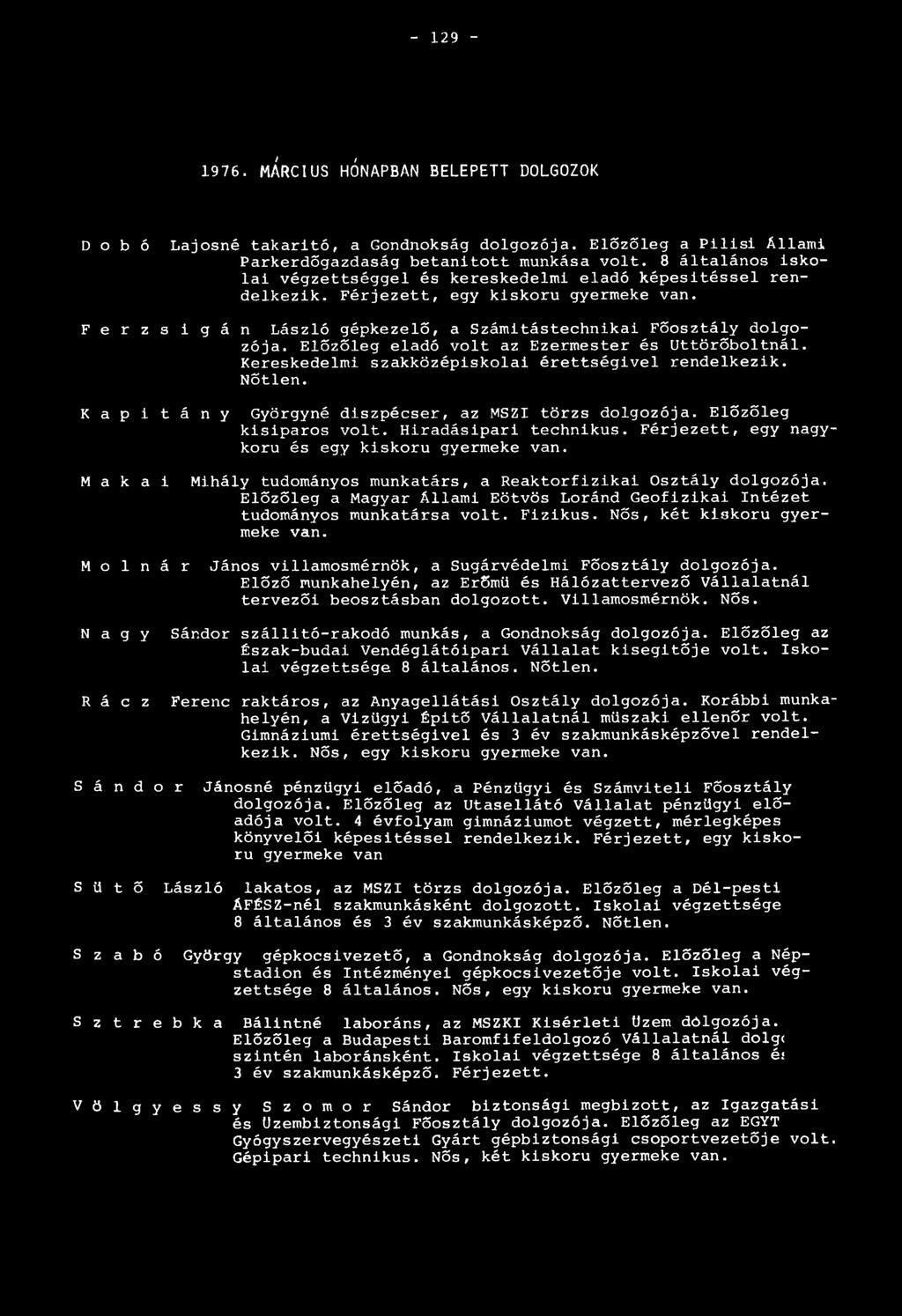 Előzőleg eladó volt az Ezermester és Uttörőboltnál. Kereskedelmi szakközépiskolai érettségivel rendelkezik. Nőtlen. K a p i t á n y Györgyné diszpécser, az MSZI törzs dolgozója.