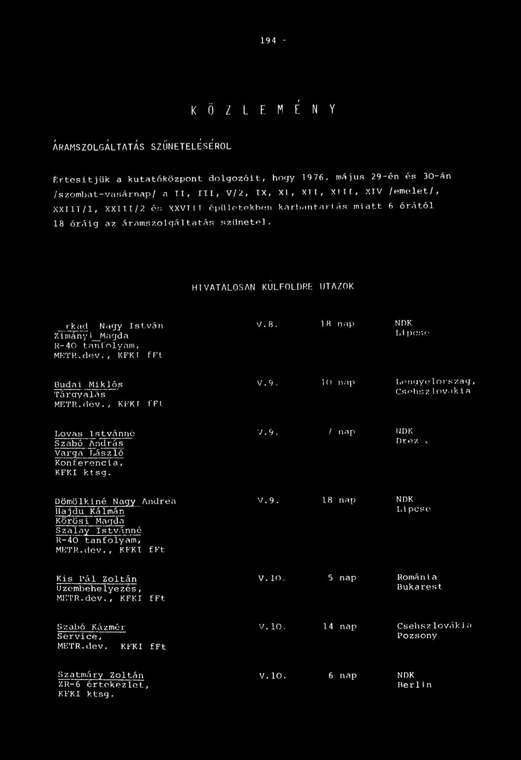 imány i_magda R-40 tanfolyam, METR.dev., KFKI fft V.8. 18 nap NDK I,.1.pcse Budai Miklós V.9. 1<> nap Lengyelország, Tárgyalás Cs"hs z 1ov',k 1a METR.dev., KFKI fft Lovas Istvánná V.9. / nap NDK Szabó And rá s r>r-e z 1 Varga László Konferencia, KFKI.
