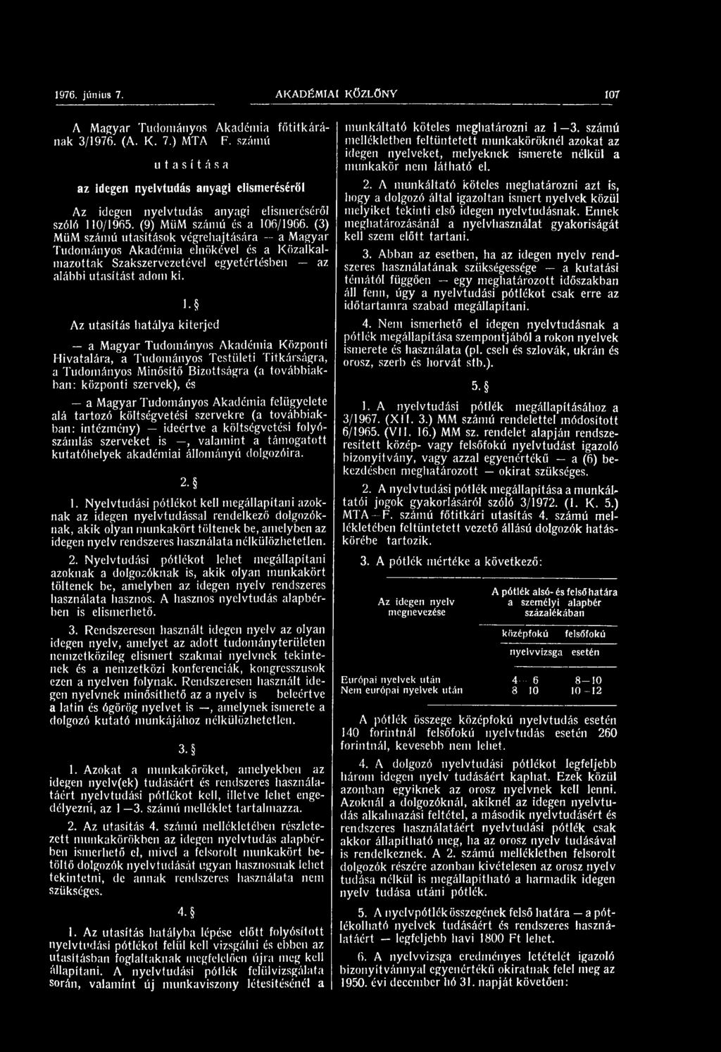 (3) MüM számú utasítások végrehajtására a Magyar Tudományos Akadémia elnökével és a Közalkalmazottak Szakszervezetével egyetértésben az alábbi utasítást adom ki. l.