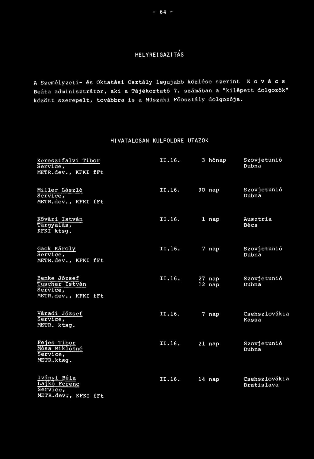 3 hónap Szovjetunió Dubna Miller László Service, METR.dev., KFKI fft 11.16. 90 nap Szovjetunió Dubna Kővári István Tárgyalás, KFKI ktsg. 11.16. 1 nap Ausztria Bécs Gack Károly 11.16. 7 nap Szovjetunió Service, Dubna METR.