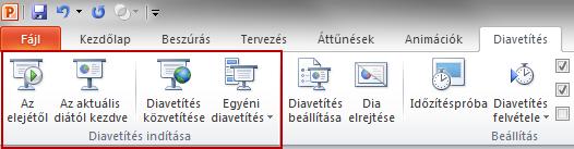 4 Microsoft PowerPoint 2010 Diavetítés vezérlése Csak a lényeg érthetően! DIAVETÍTÉS INDÍTÁSA A POWERPOINTBÓL A bemutatót többféle módon indíthatjuk el.