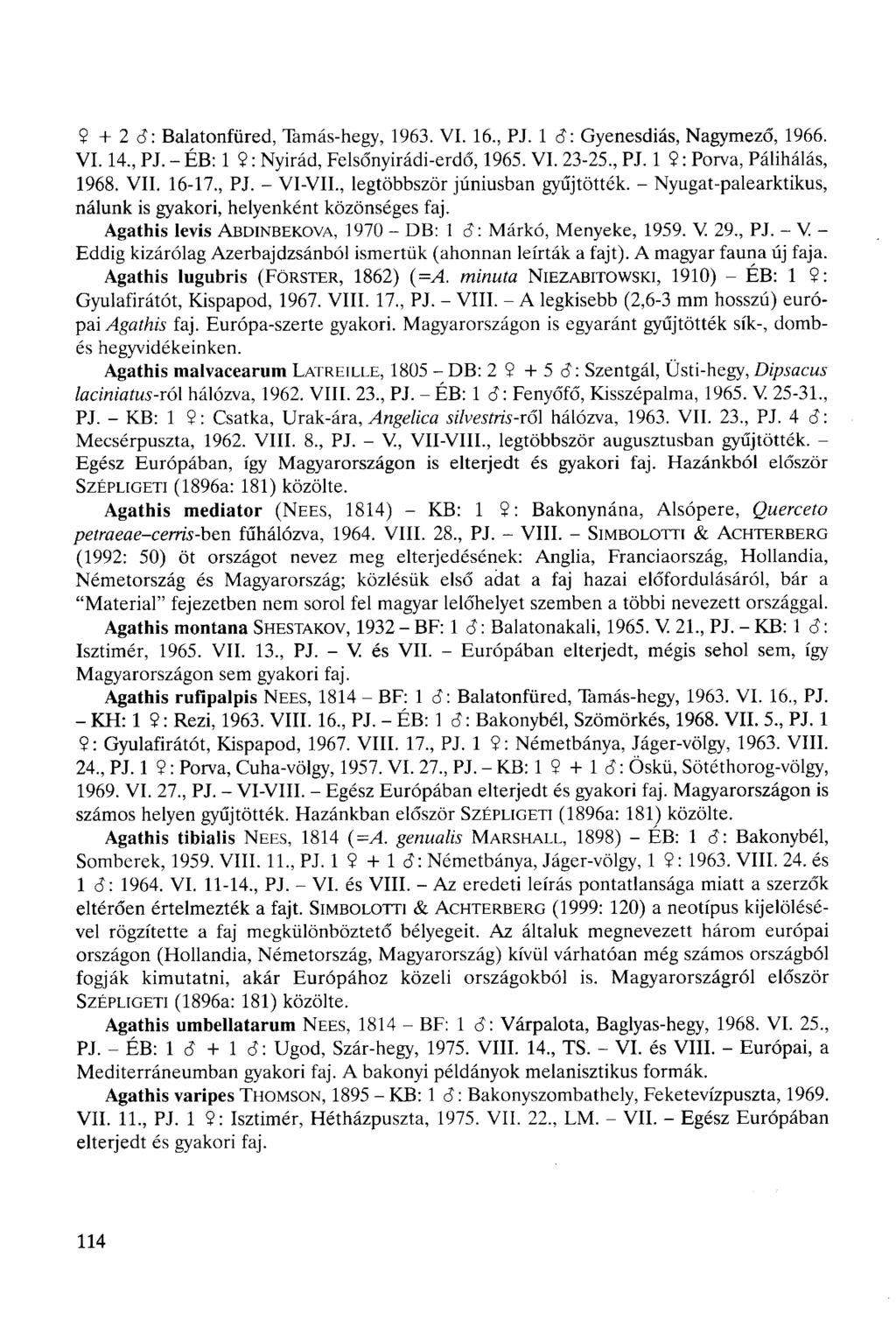 9 + 2 Ő: Balatonfüred, Tamás-hegy, 1963. VI. 16., PJ. 1 cî: Gyenesdiás, Nagymező, 1966. VI. 14., PJ. - ÉB: 1 9 : Nyirád, Felsőnyirádi-erdő, 1965. VI. 23-25., PJ. 1 9 : Porva, Pálihálás, 1968. VII.