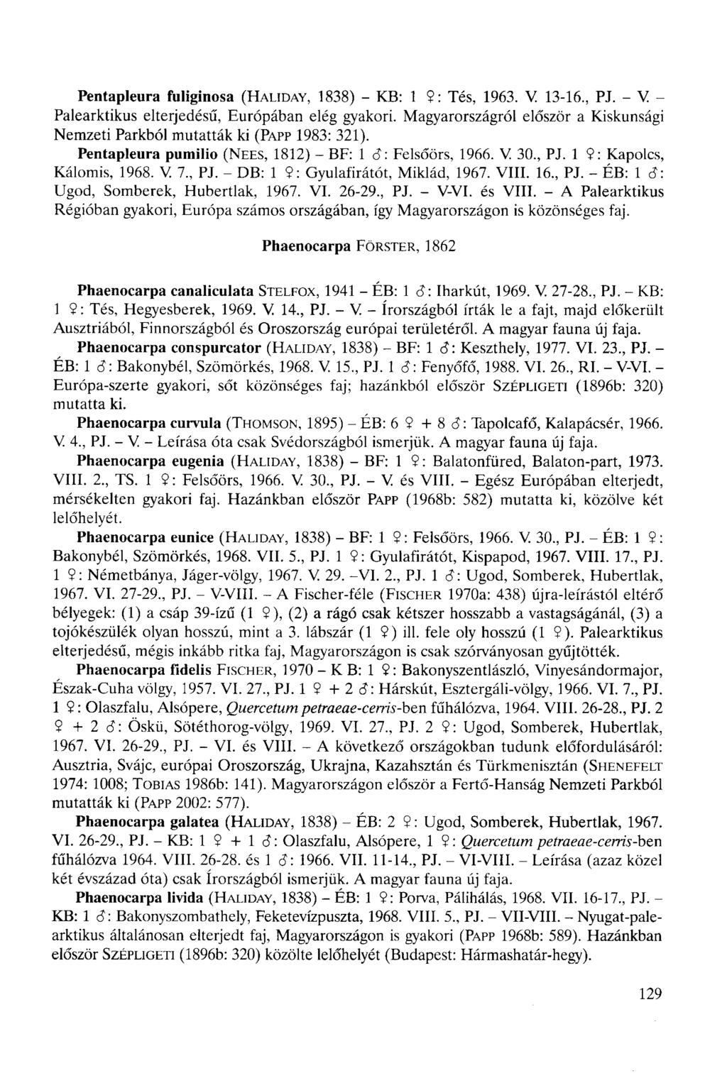 Pentapleura fuliginosa (HALIDAY, 1838) - KB: 1 9: Tés, 1963. V. 13-16, PJ. - V - Palearktikus elterjedésű, Európában elég gyakori.
