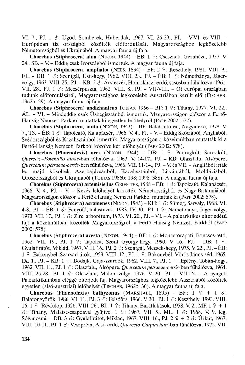 VI. 7, PJ. 1 6: Ugod, Somberek, Hubertlak, 1967. VI. 26-29., PJ. - V-VI. és VIII. - Európában tíz országból közölték előfordulását, Magyarországhoz legközelebb Németországból és Ukrajnából.