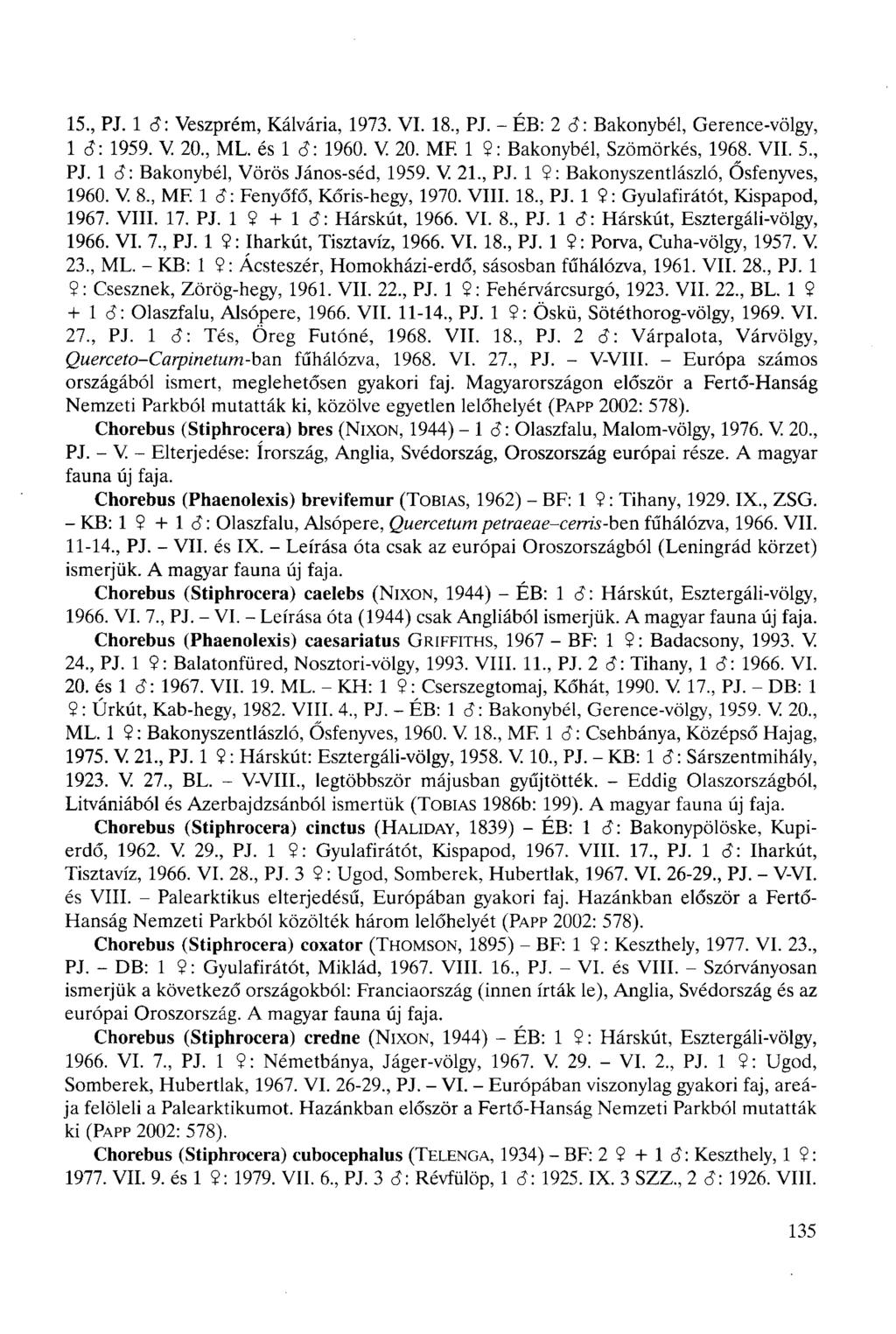 15., PJ. 1 â: Veszprém, Kálvária, 1973. VI. 18, PJ. - ÉB: 2 S: Bakonybél, Gerence-völgy, 1 6: 1959. V 20, ML. és 1 ct: 1960. V. 20. MF. 1 2: Bakonybél, Szömörkés, 1968. VII. 5, PJ.