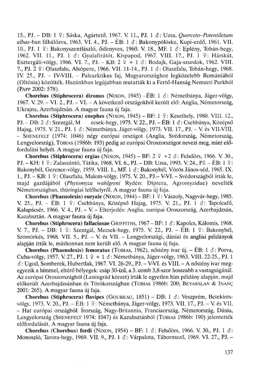 15., PJ. - DB: 1 9: Sáska, Agártető, 1967. V. 11, PJ. 1 ő: Uzsa, Querceto-Potentiletum albae-ban fűhálózva, 1963. VI. 4, PJ. - ÉB: 1 6: Bakonypölöske, Kupi-erdő, 1961. VII. 10, PJ.