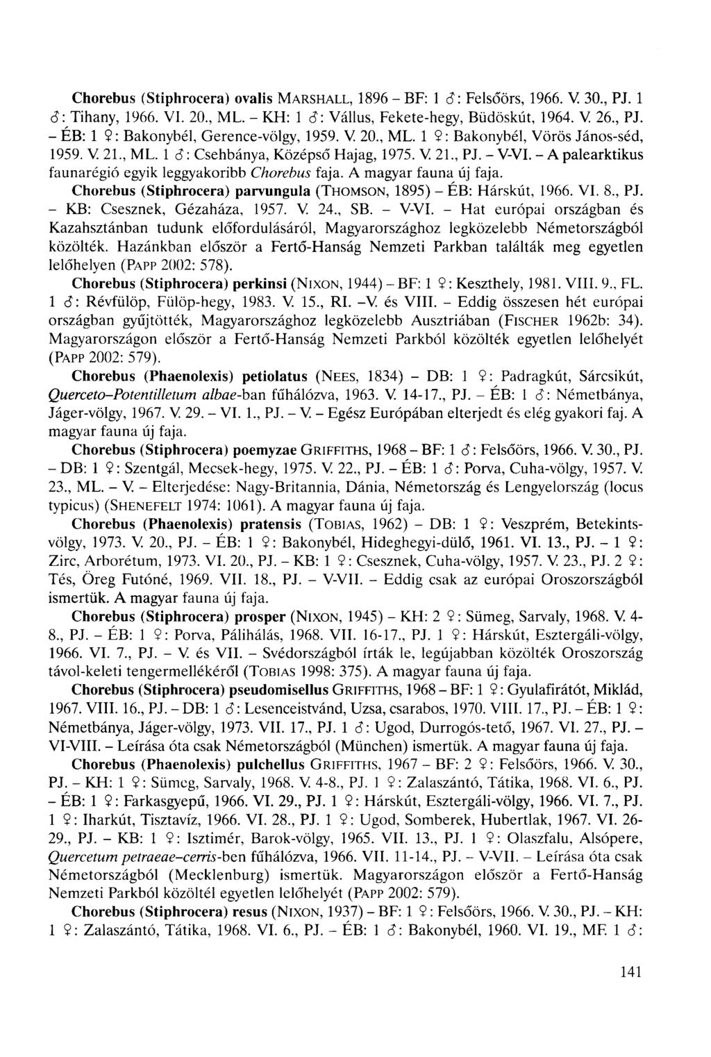Chorebus (Stiphrocera) ovális MARSHALL, 1896-BF: 1 cî: Felsőörs, 1966. V 30, PJ. 1 S: Tihany, 1966. VI. 20, ML. - KH: 1 8: Vállus, Fekete-hegy, Büdöskút, 1964. V 26, PJ.