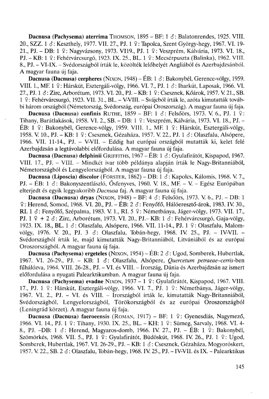 Dacnusa (Pachysema) aterrima THOMSON, 1895 - BF: 1 â: Balatonrendes, 1925. VIII. 20, SZZ. 1 6: Keszthely, 1977. VII. 27, PJ. 1 2: Tapolca, Szent György-hegy, 1967. VI. 19-21, PJ.