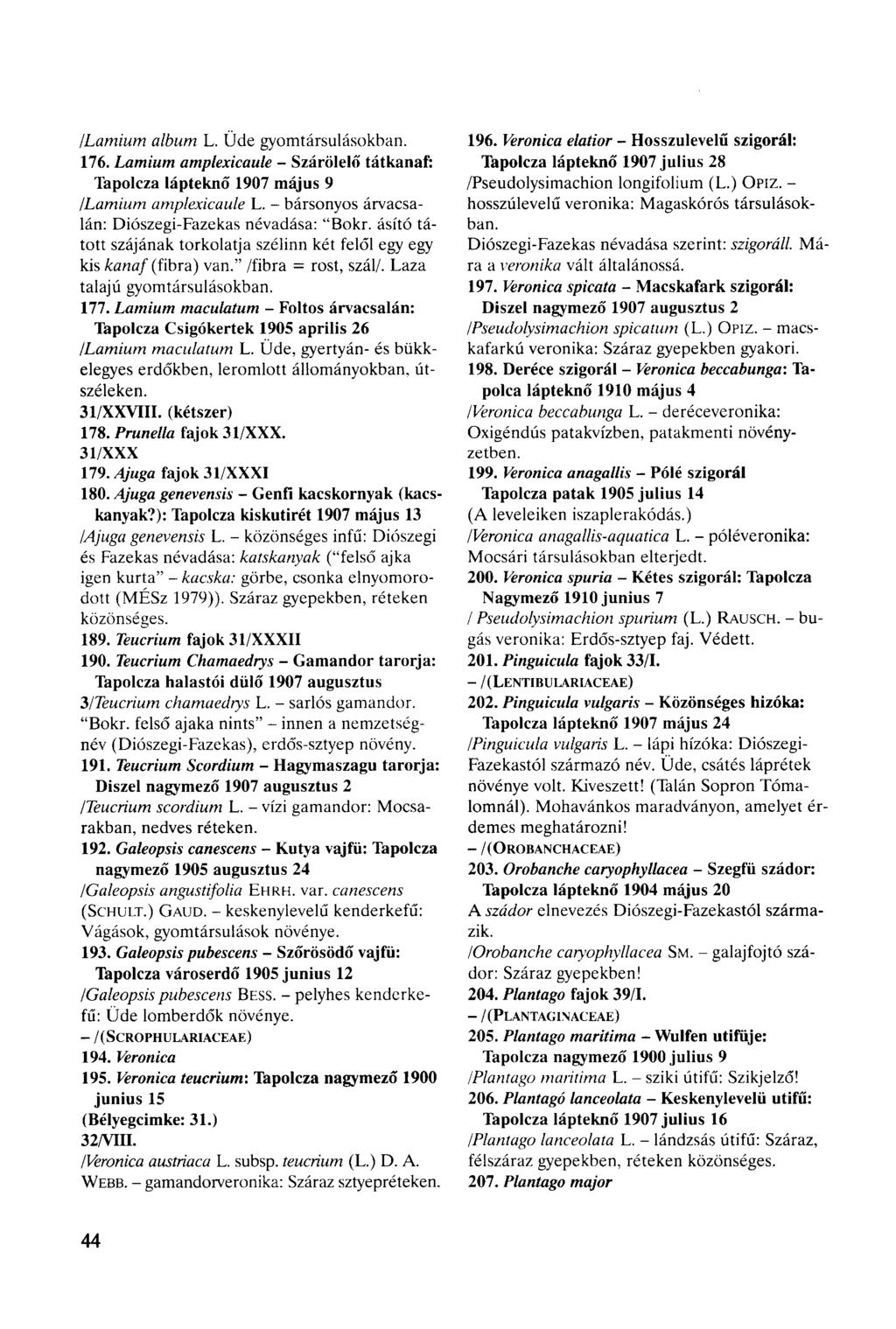 /Lamium album L. Üde gyomtársulásokban. 176. Lamium amplexicaule - Szárölelő tátkanaf: Tapolcza lápteknő 1907 május 9 /Lamium amplexicaule L. - bársonyos árvacsalán: Diószegi-Fazekas névadása: "Bokr.