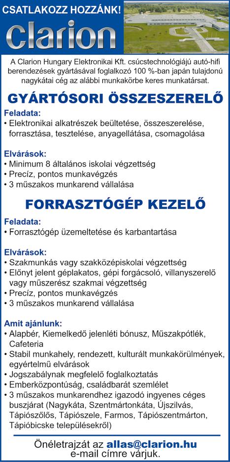 www.dpmsz.hu 9 ALBERTIRSAI hűtőházba villanyszerelőt, lakatost, hűtőgépészt felveszünk. Érdeklődni lehet a +36-53/570-147es telefonszámon.