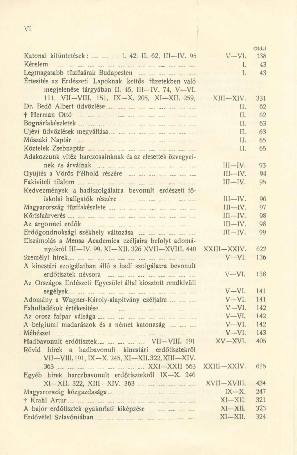 Katonai kitüntetések : I. 42, II. 62, III IV. 95 V VI. 138 Kérelem - I. 43 Legmagasabb tüzifaárak Budapesten I. 43 Értesítés az Erdészeti Lapoknak kettős füzetekben való megjelenése tárgyában II.