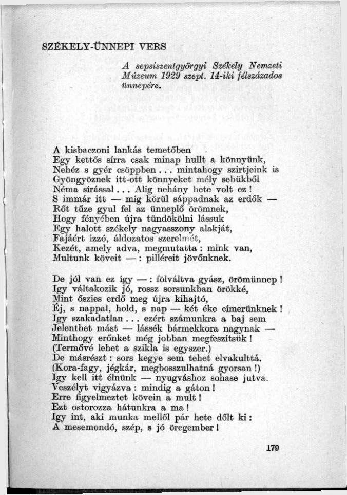 SZÉKELY-ÜNNEPI VERS A sepsiszentgyörgyi Székely Nemzeti Múzeum 1929.szept. 14-iki félszázados ünnepére.