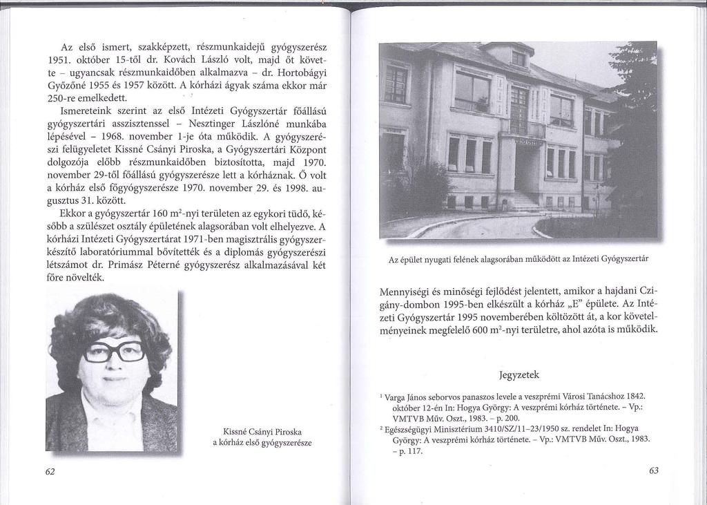 Az első ismert, szakképzett, részmunkaidejű gyógyszerész 1951. október 15 - től dr. Kaváeh László volt, majd őt követte - ugyancsak részmunkaidőben alkalmazva - dr.