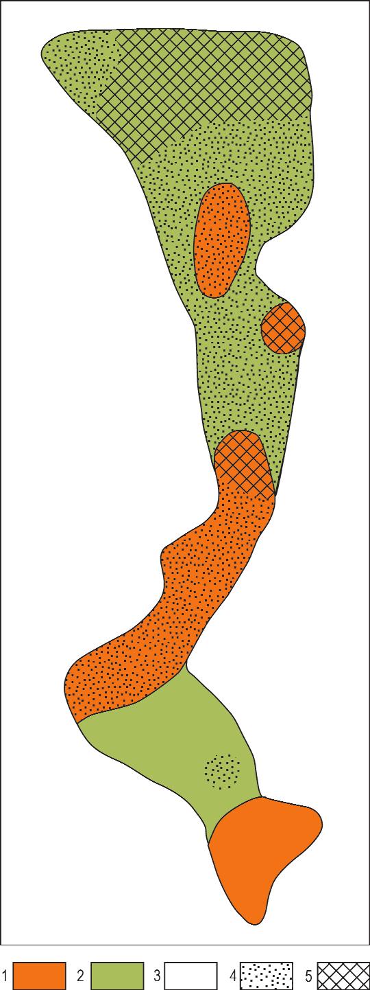 Figure 35. The distribution of alumina minerals in the bauxite in the lense No. XV 1 bauxite, 2 clayey bauxite, 3 predominant gibbsite, 4 mixed gibbsitic boehmitic bauxite, 5 predominant boehmite 35.