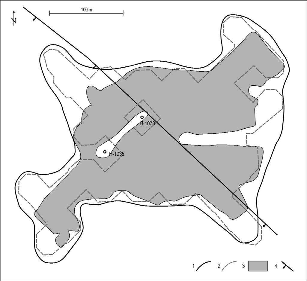 Figure 39. Mining geologic map of the lense No. X 1 zero contour of the bauxite lense, 2 contours of the reserve estimation, 3 contours detrermined in the mine, 4 main fault line 39. ábra. A X.