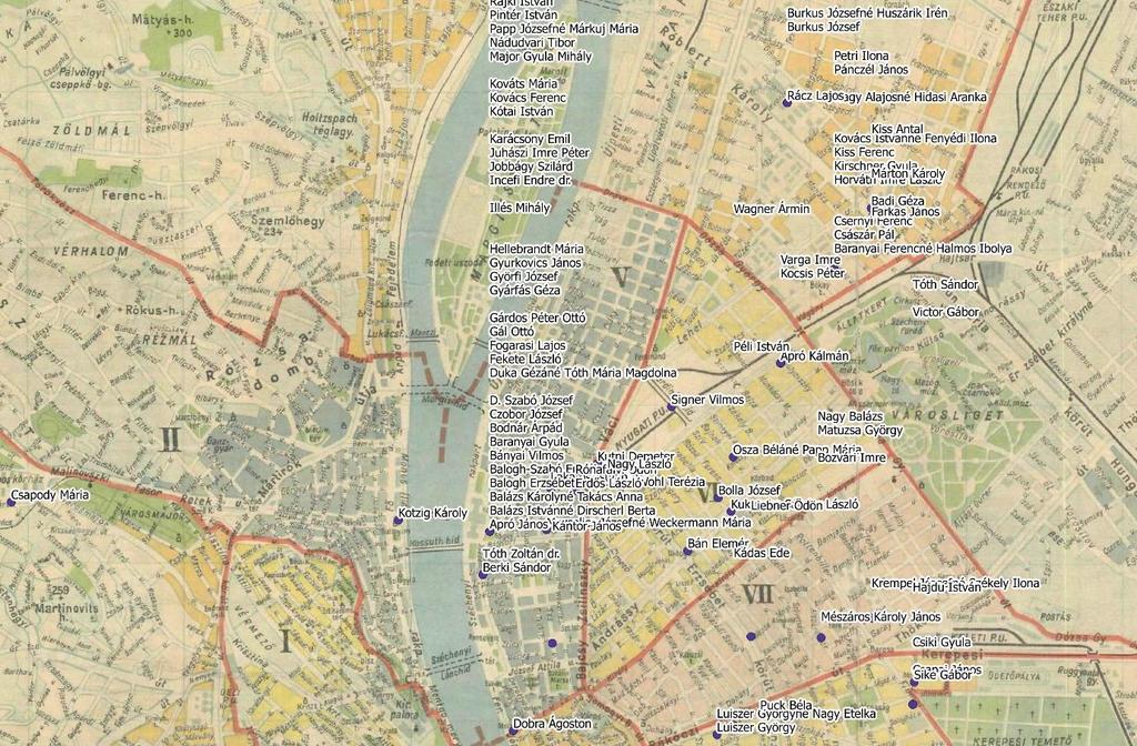 2. ábra. Az október 25-i budapesti halálozások név szerinti megjelenítése 1947-es Budapest-térképen a QGIS rendszerben.