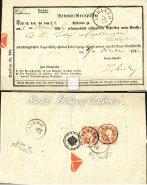 Feladóvevény, Varanno-Tokay, a hátoldalon 2 db 5 krajcáros 1858-as II típusú bélyeggel kiegészítve, Andráskereszt darabok találhatóak felragasztva rögzítés céljából.