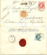5 krajcár value postal stationery envelope, franked with 10 krajcár value stamp addition, the wax seal is intact. 1870.