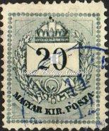 Színesszámú 20 krajcáros szürke színű bélyeg, B11½ fogazatú a három oldalán, az alsó fogazat 13-as, amit valószínűleg 1881ben utólag lefogaztak