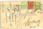 / Parcel-post card, from Budapest to Bukarest, franked with 2x60 ﬁllér Turul + 5 ﬁllér + 2x10 Bani stamps. Kikiáltási ár: 4.000 Ft 1916.