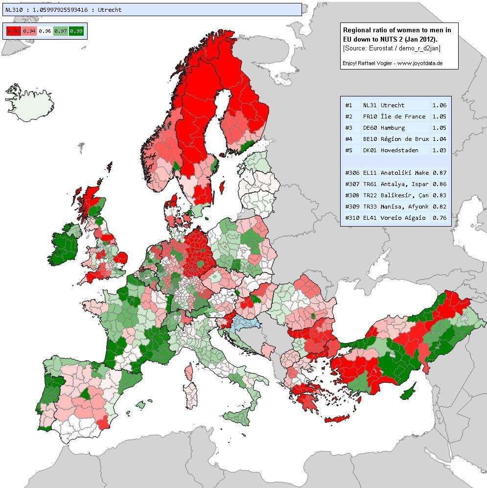 Egy nőre jutó férfiak száma Európában (2012) Piros árnyalatai:
