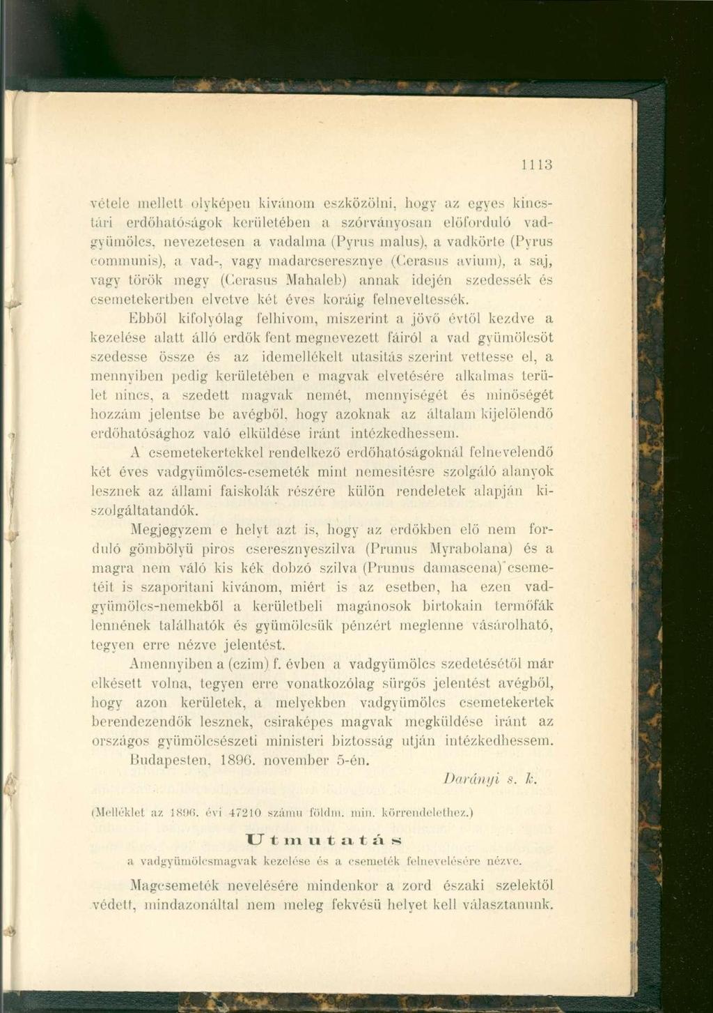 1113 vétele mellett olyképeu kívánom eszközölni, hogy az egyes kincstári erdőhatóságok kerületében a szórványosan előforduló vadgyümölcs, nevezetesen a vadalma. (Pyrus malus).