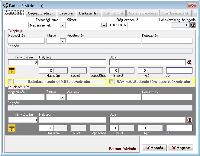 A képernyőn található sárga 'Cím' gomb segítségével megmutatja a program az összerakott cím adatot, így ellenőrizhető. Az új cím mezők alapértelmezett állapotban tiltott (elszürkített) mezők.