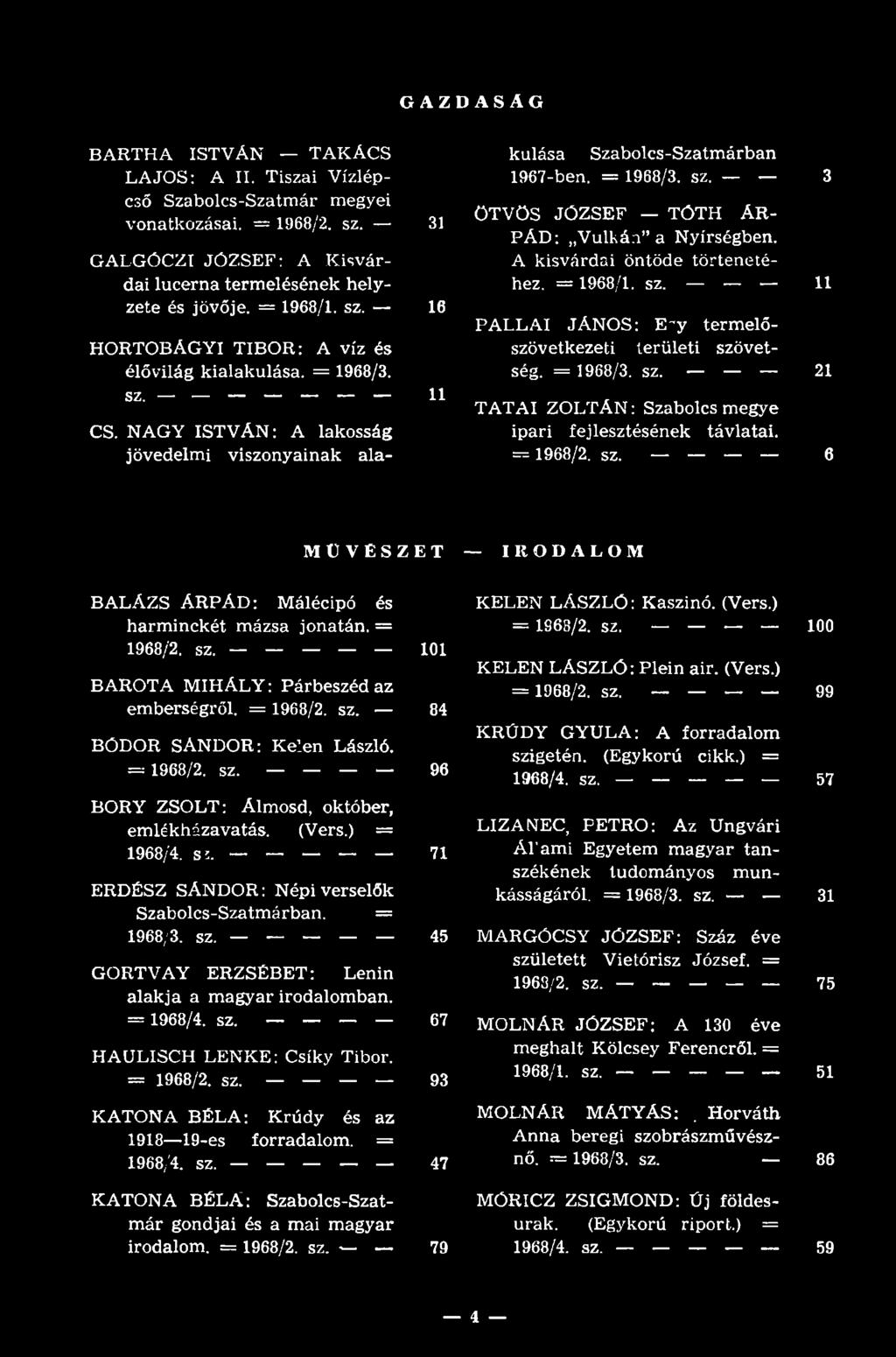 71 ERDÉSZ SÁNDOR: Népiverselők Szabolcs-Szatmárban. = 1968/3. sz. 45 GORTVAY ERZSÉBET: Lenin alakja a magyar irodalomban. = 1968/4. sz. 67 HAULISCH LENKE: Csíky Tibor. = 1968/2. sz. 93 KATONA BÉLA: Krúdy és az 1918 19-es forradalom.