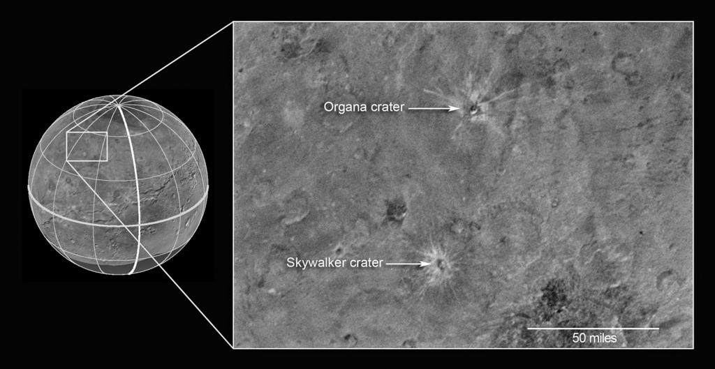 HIRDETÉS Az ammóniában gazdag Organa-kráter és az átlagos összetételű Skywalker kráter talán az utóbbi az idősebb és ezért annál a sugárzások mára lebontották az ammónia nagyobb részét Hamuszürke