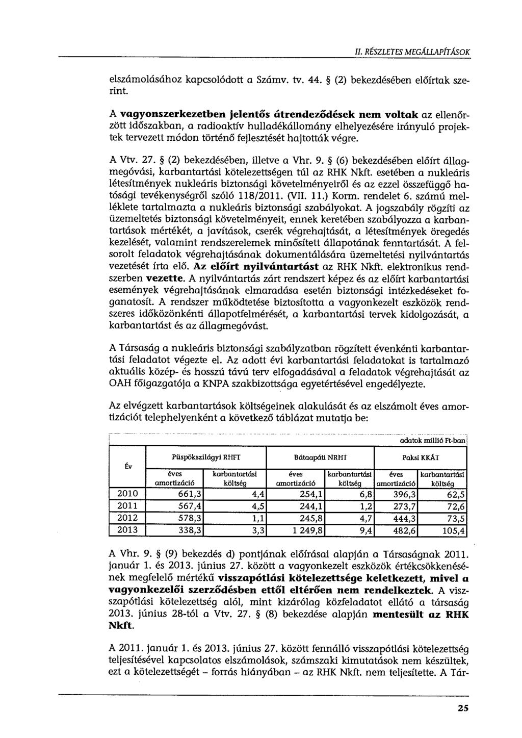 II. RÉSZLETES MEGÁLLAPÍTÁSOK elszámolásához kapcsolódott a Számv. tv. 44. (2) bekezdésében előírtak szerint.