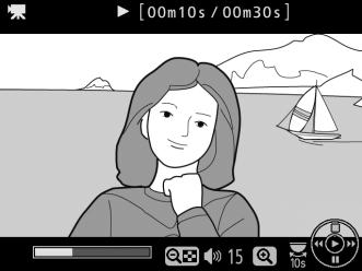 Videók megtekintése A visszajátszás indításához nyomja meg a K gombot, majd görgesse végig a képeket, míg egy videó (1 ikon jelöli) jelenik meg a kijelzőn.